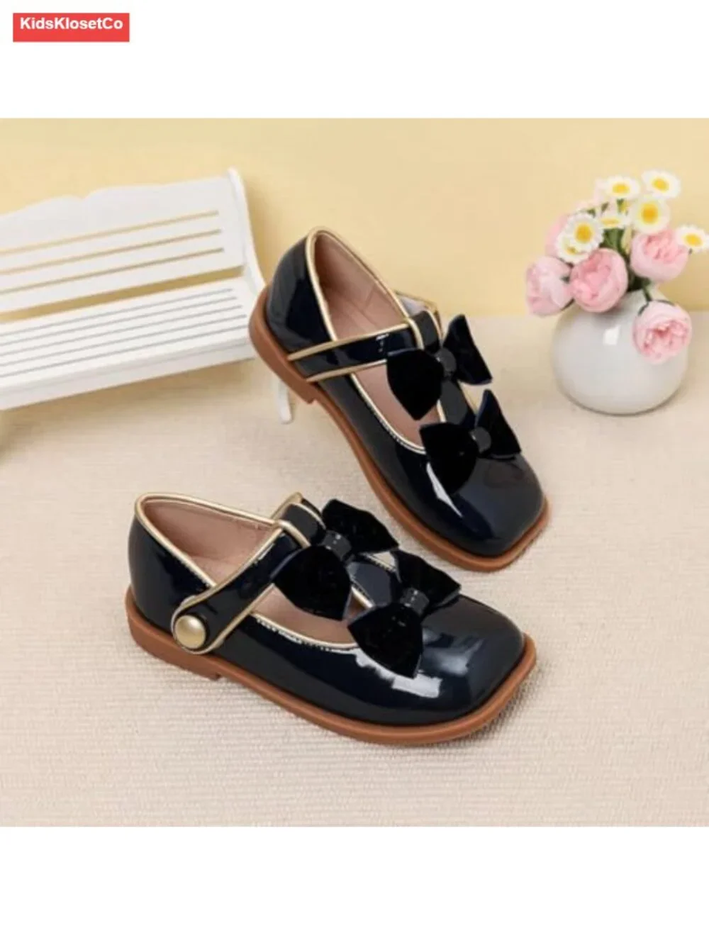 Girls Patent Leather Mary Jane Flats with Velvet Bows Square Toe Dress Shoes